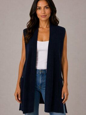 LOFT Outlet Long Open Front Sweater Vest S Navy Blue Sleeveless Pockets